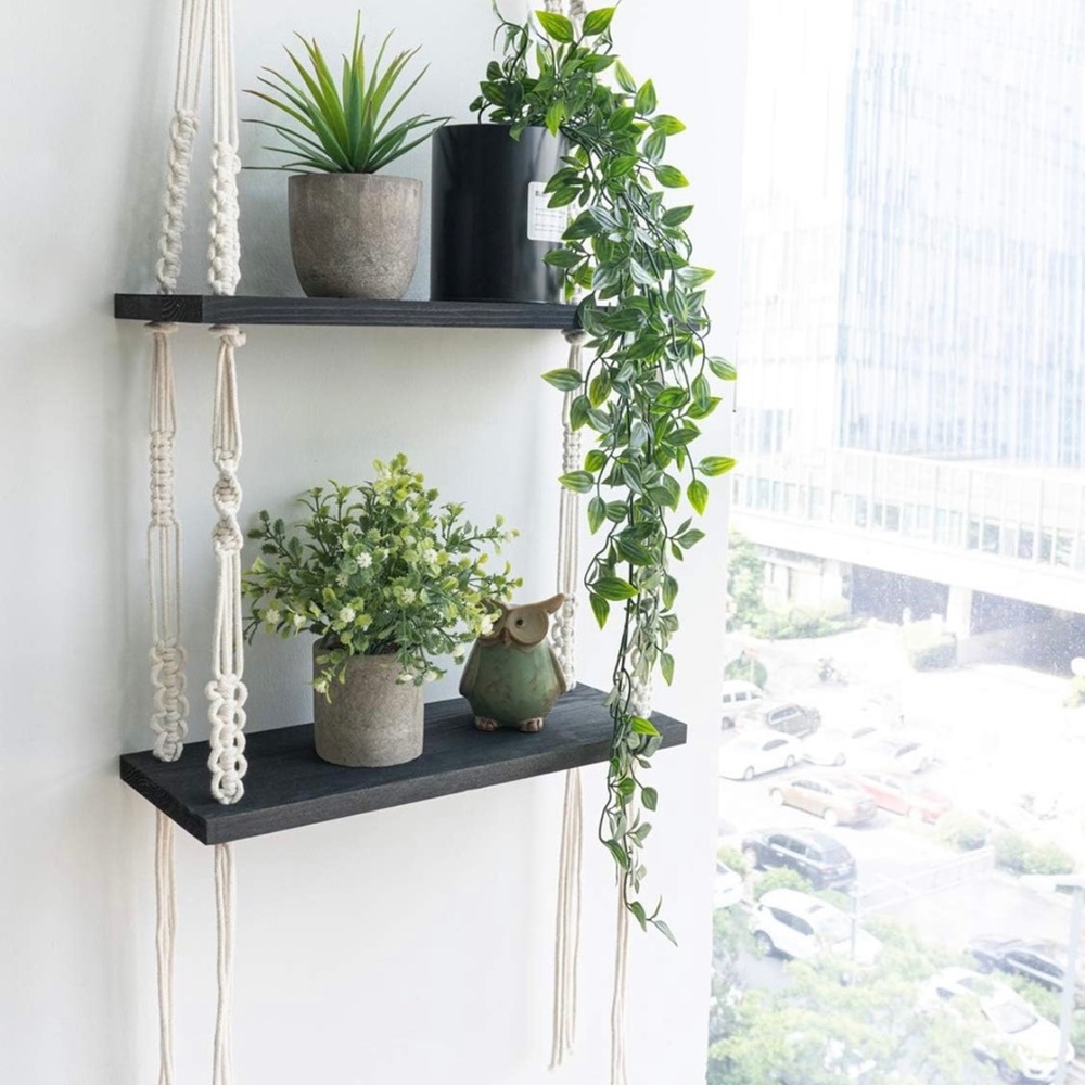 Macrame and wood two tier floating shelf